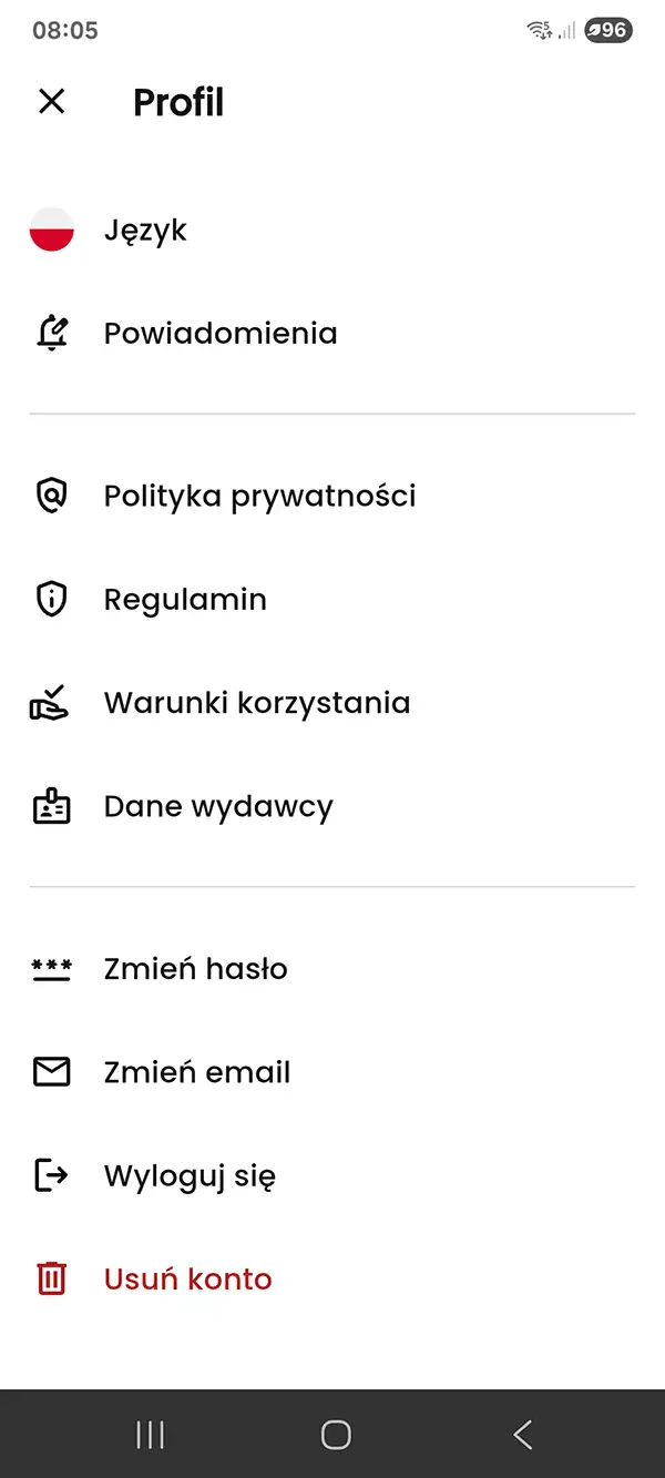 Widok ustawień konta BORCOOK