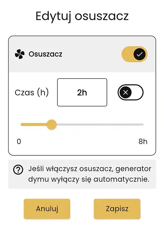 Generator dymu / Osuszacz – przełączniki on/off – ekran 2