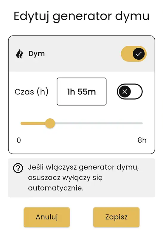 Generator dymu / Osuszacz – przełączniki on/off – ekran 1